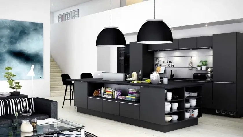Black Coloured Open Kitchen design in chandigarh