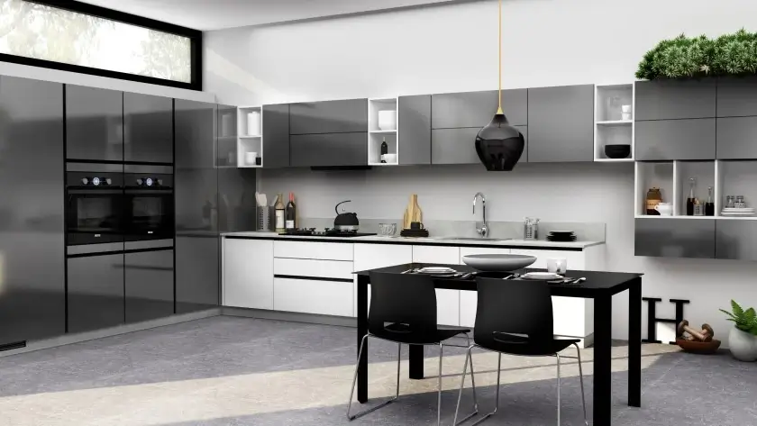 Black and White Coloured L-shaped modular kitchen design in chandigarh