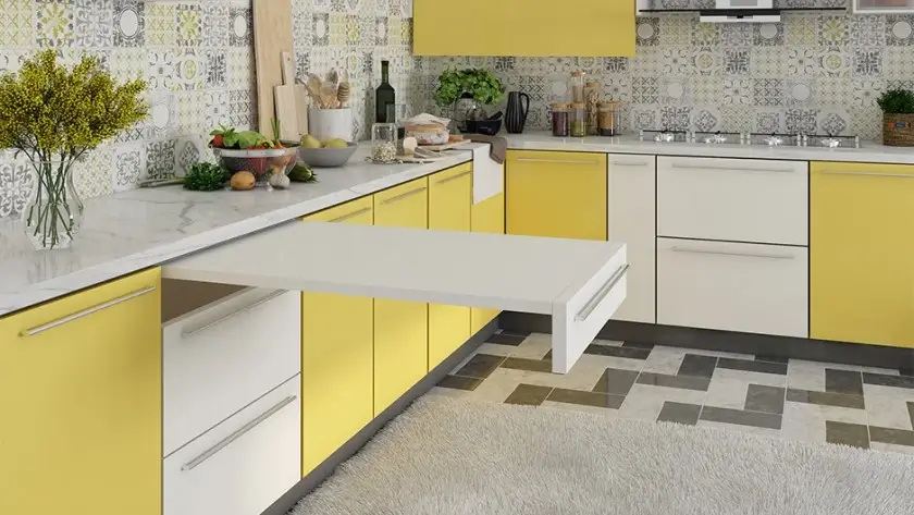 Yellow-Colored L-shaped modular kitchen design in chandigarh