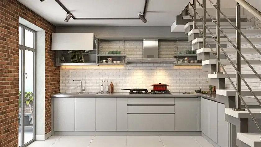 industrial look kitchen under stairs design