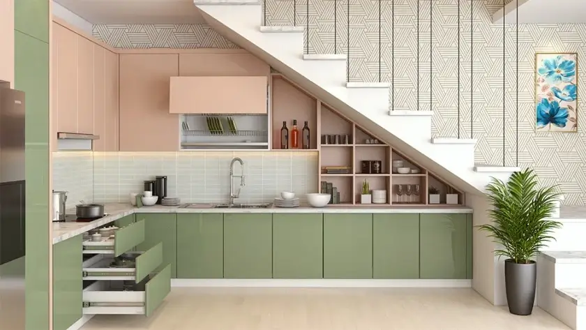 kitchen under stairs design